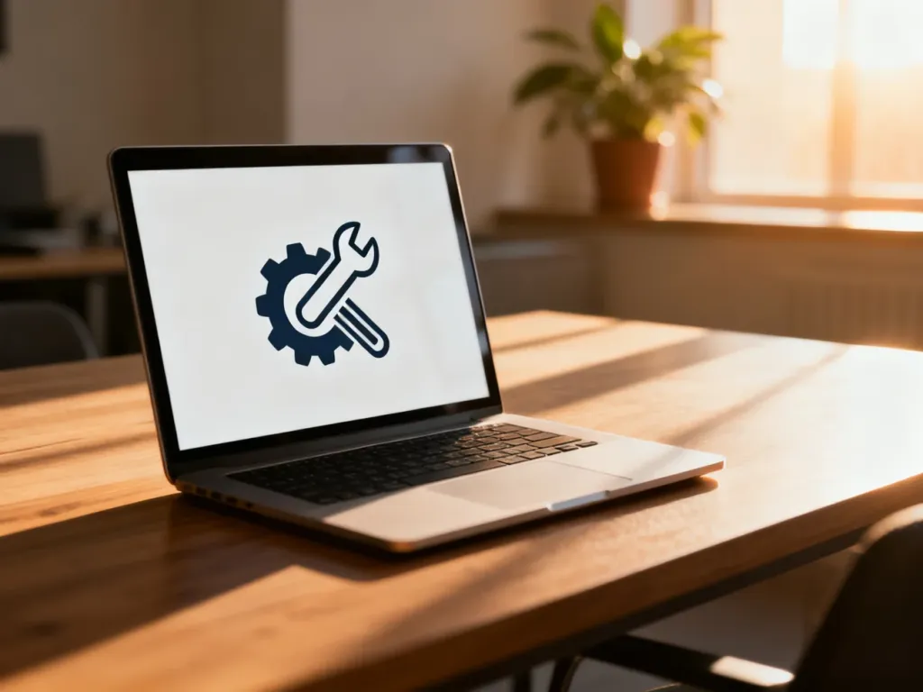 Ekran laptopa z ikoną klucza i trybów serwisowych na drewnianym biurku w przytulnym, słonecznym biurze.