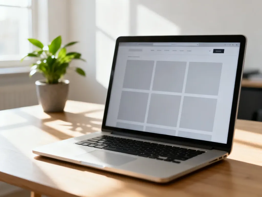 Minimalistyczne biurko z laptopem wyświetlającym przejrzysty układ strony internetowej w jasnym, nowoczesnym wnętrzu.