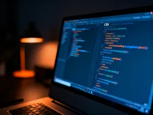 Świecąca cyfrowa tarcza nad laptopem z kodem zabezpieczającym, symbolizująca ochronę strony WordPress przed wirusami.