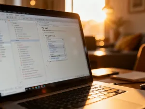 Kod PHP z ustawieniami bazy danych na monitorze oraz zewnętrzny dysk na biurku, symbolizujące proces tworzenia kopii zapasowej.