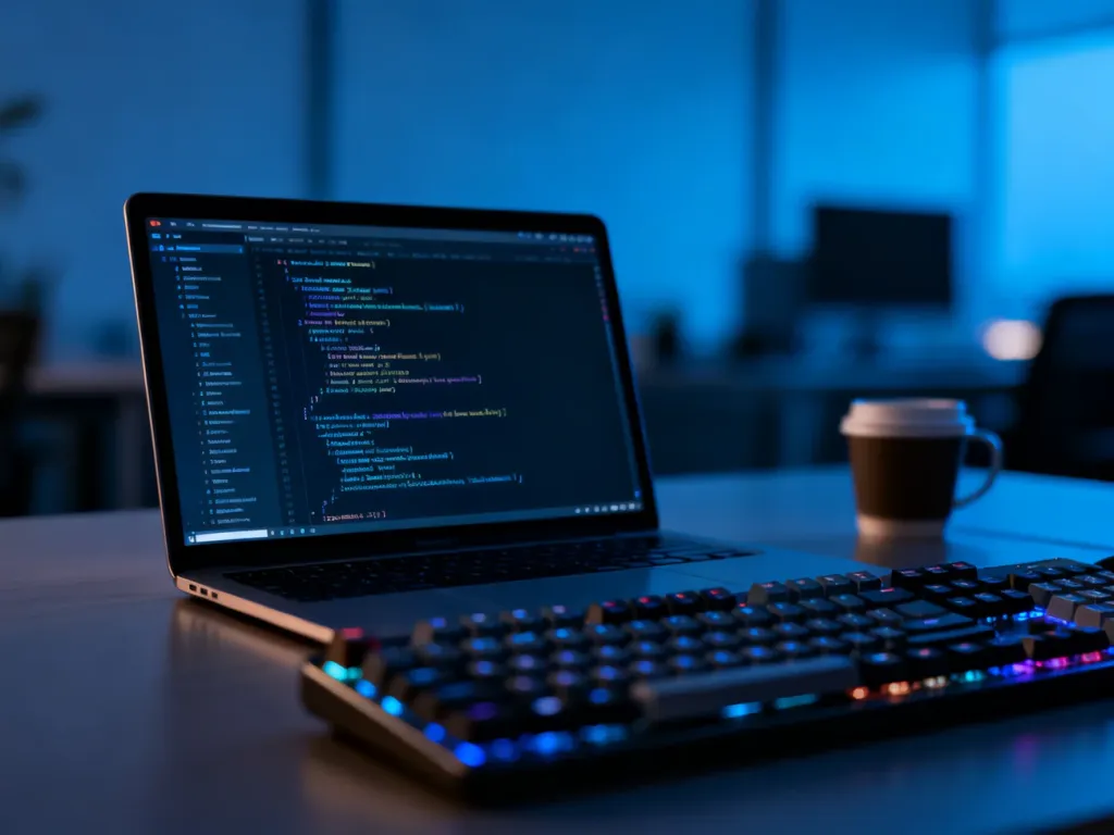 Nowoczesne stanowisko pracy z laptopem, na którego ekranie widoczny jest kod programistyczny.