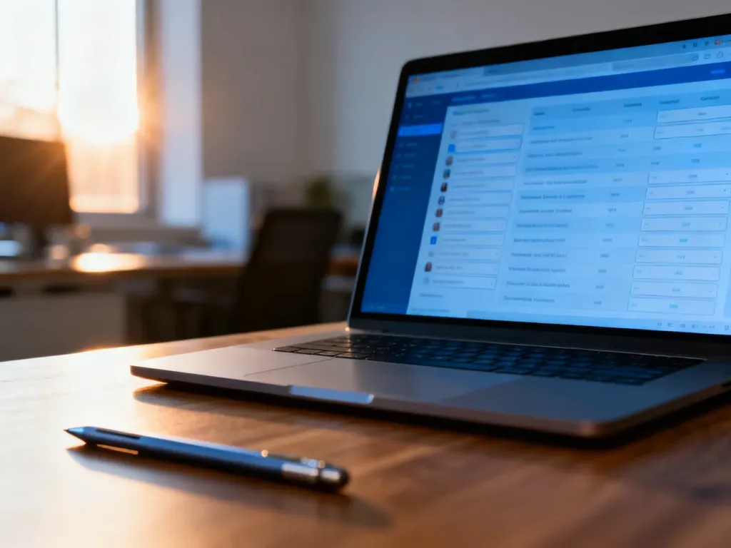 Nowoczesny laptop z bazą danych zgłoszeń z formularzy na ekranie, ustawiony na biurku w słonecznym biurze.