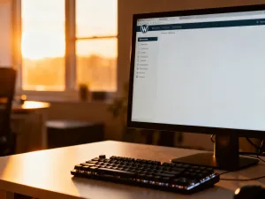 Nowoczesne stanowisko pracy z laptopem wyświetlającym schemat sieci oraz routerem, symbolizujące konfigurację domeny.