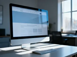 Laptop z kodem na biurku na tle chaotycznego stosu ikon, obrazujący wpływ nadmiaru motywów na wydajność strony WordPress.