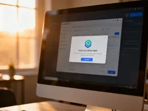 Nowoczesne stanowisko pracy z laptopem, na którego ekranie widać interfejs kreatora stron internetowych WordPress.