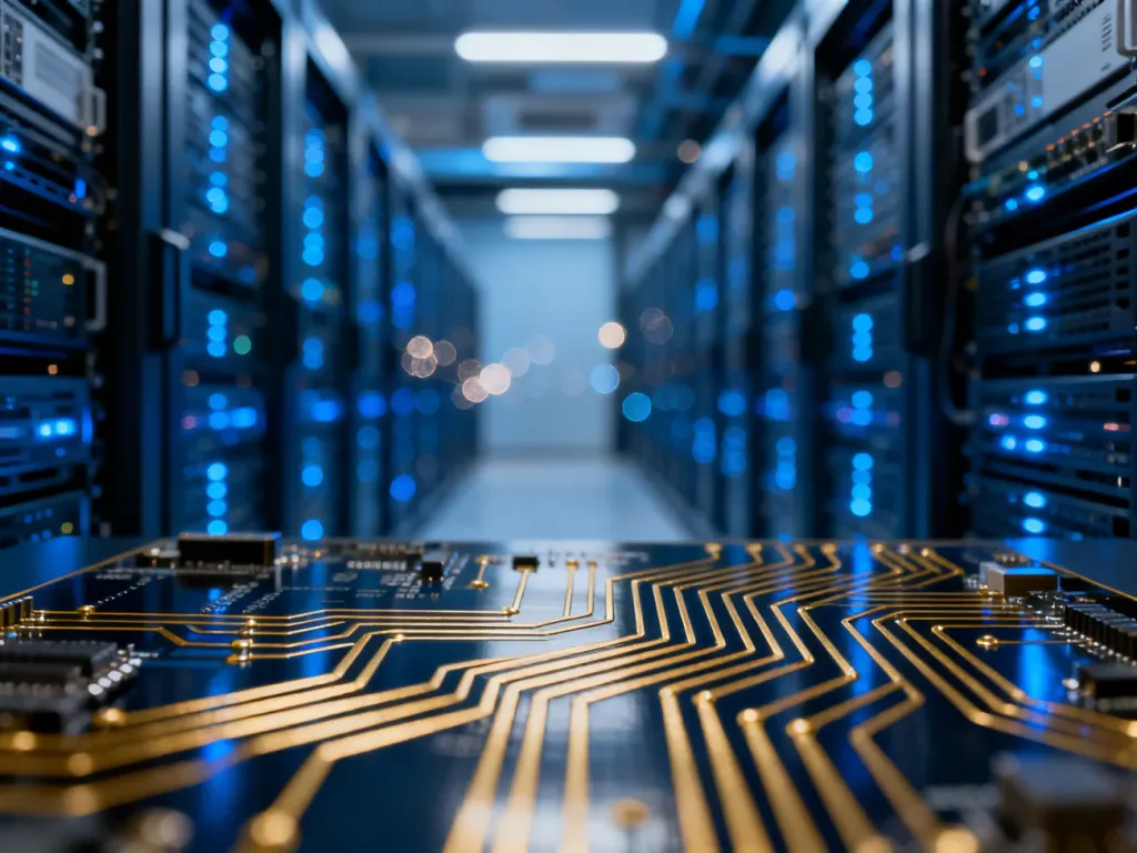 Nowoczesna serwerownia z podświetlanymi szafami rack i zbliżeniem na płytę główną, symbolizująca infrastrukturę cyfrową.