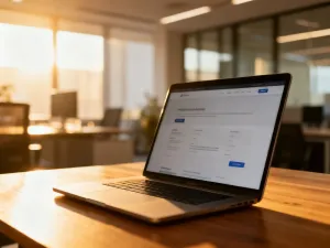 Ekran laptopa z wyświetloną cyfrową wizualizacją mapy witryny w formie połączonych węzłów na minimalistycznym biurku.