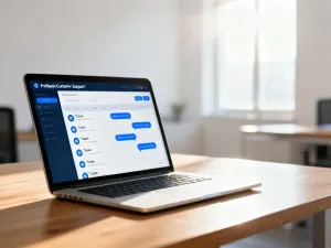 Nowoczesne stanowisko pracy z laptopem wyświetlającym pulpit nawigacyjny do e-mail marketingu przy filiżance kawy.
