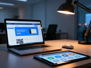 Ekran laptopa z wyświetlonym kodem i błędami programistycznymi na tle biurowego stanowiska pracy.