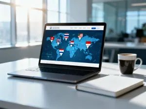 Nowoczesny laptop na biurku z wizualizacją przesyłania danych, symbolizujący proces migracji strony WordPress.