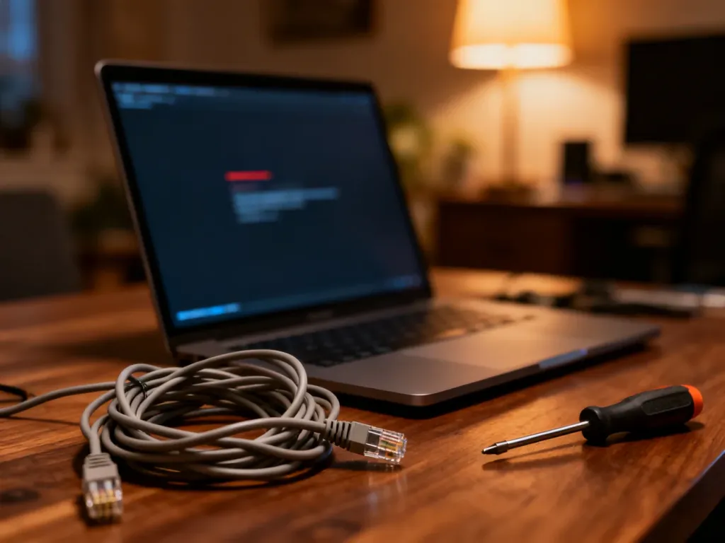 Laptop z błędem wyświetlanym na ekranie oraz narzędzia na biurku, symbolizujące problemy z konfiguracją WordPressa.