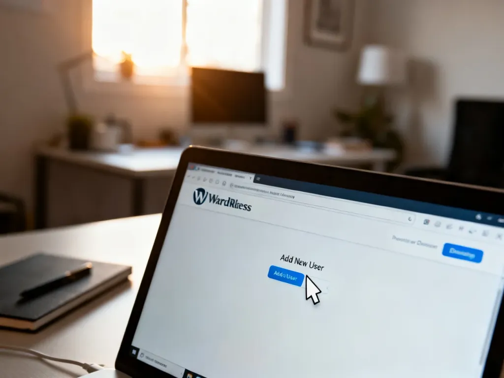 Ekran laptopa z otwartym panelem WordPress, na którym kursor wskazuje przycisk dodawania nowego użytkownika.