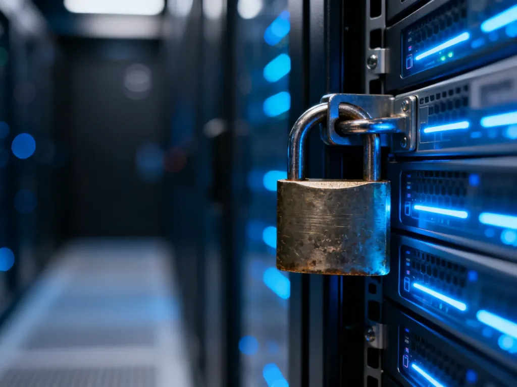 Zabytkowa kłódka na tle serwerów, symbolizująca zabezpieczenie dostępu do strony internetowej.