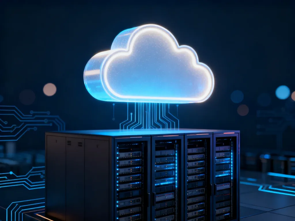 Futurystyczna chmura unosząca się nad serwerem, symbolizująca nowoczesne i skalowalne rozwiązania cloud hostingu.