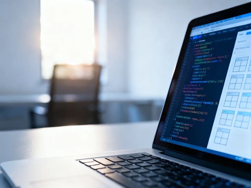 Ekran laptopa z kodem źródłowym i siatką układu responsywnego na biurku programisty w słonecznym biurze.