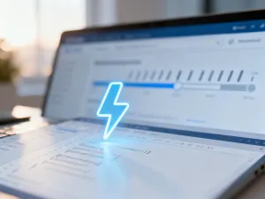 Nowoczesna serwerownia z podświetlanymi szafami rack i cyfrową ikoną kłódki, symbolizującą bezpieczeństwo danych w WordPress.