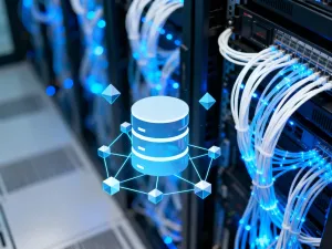 Nowoczesne stanowisko pracy z monitorem wyświetlającym panel zarządzania stroną internetową o wysokiej wydajności.