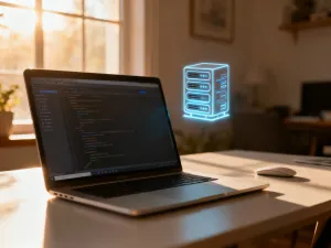 Nowoczesne stanowisko pracy z laptopem wyświetlającym kod źródłowy, symbolizujące optymalizację wydajności strony.