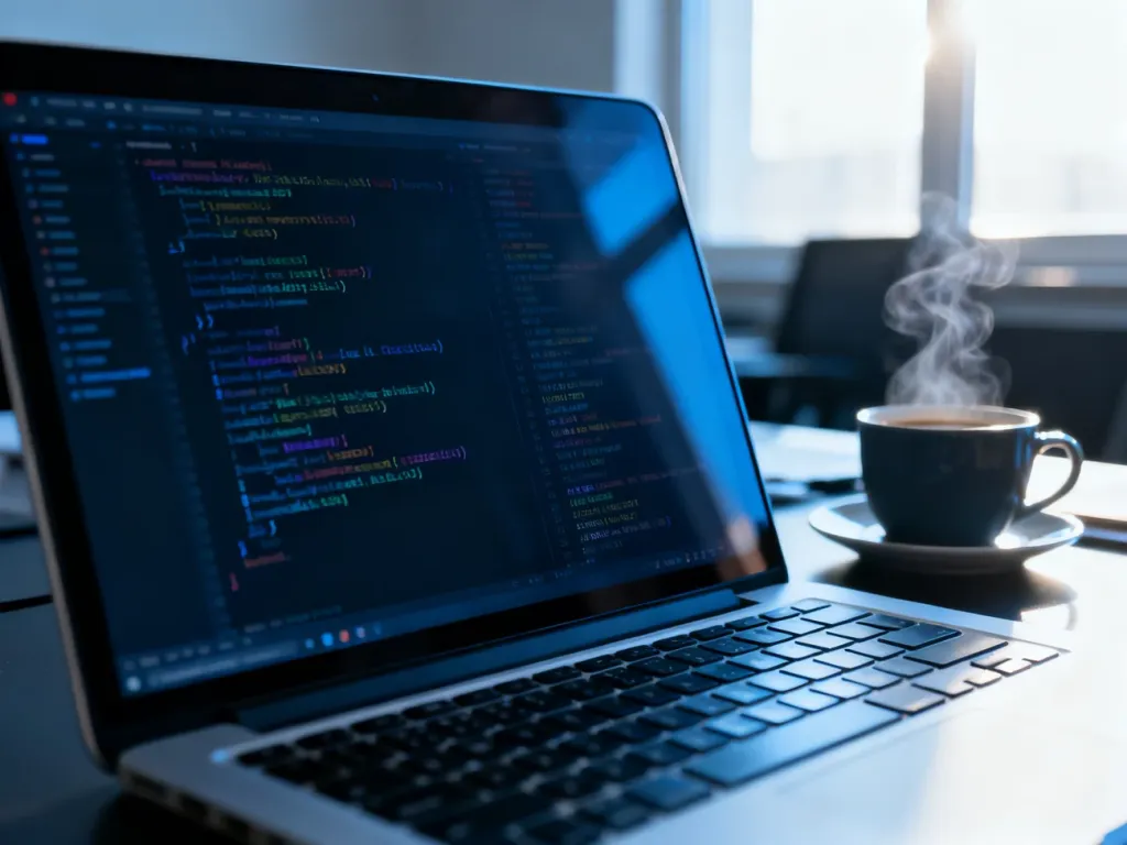 Ekran laptopa z wyświetlonym kodem i błędami programistycznymi na tle biurowego stanowiska pracy.
