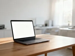 Ikona folderu na minimalistycznym biurku z unoszącymi się fragmentami kodu, symbolizująca instalację WordPressa w podkatalogu.