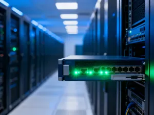 Nowoczesna serwerownia z podświetlanymi szafami rack i cyfrową ikoną kłódki, symbolizującą bezpieczeństwo danych w WordPress.