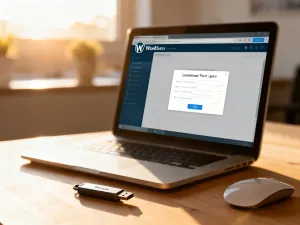 Nowoczesny monitor z widokiem na panel edycji stopki strony internetowej w przytulnym domowym biurze.