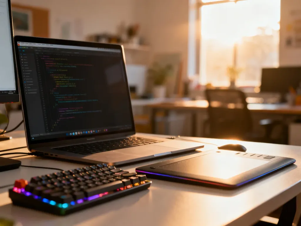 Nowoczesne stanowisko pracy programisty z laptopem wyświetlającym kod, idealne do tworzenia motywów WordPress.