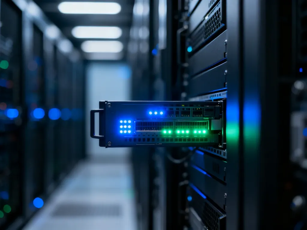 Nowoczesny serwer w centrum danych z podświetlanymi diodami, symbolizujący infrastrukturę techniczną dla WordPressa.