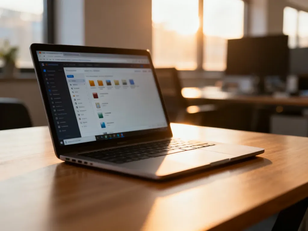 Nowoczesne stanowisko pracy z laptopem, na którego ekranie widać menedżer plików strony internetowej.