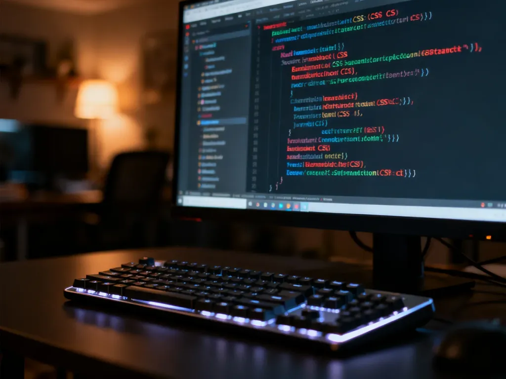 Monitor wyświetlający kod strony z usuwanymi zbędnymi fragmentami CSS oraz podświetlana klawiatura mechaniczna.