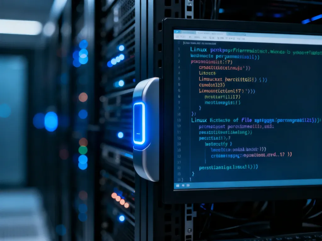 Ekran terminala z kodem Linuxa dotyczącym uprawnień plików w profesjonalnym centrum danych.
