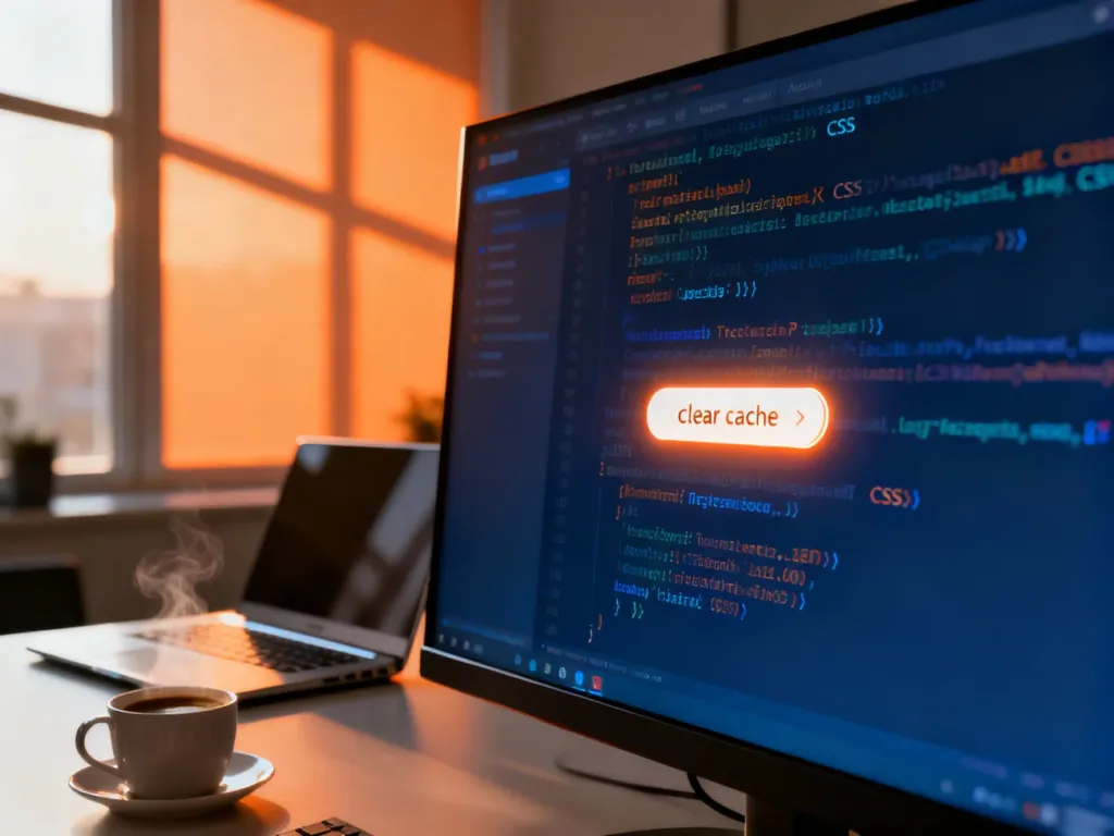 Ekran komputera z kodem CSS i podświetlonym przyciskiem czyszczenia pamięci podręcznej w profesjonalnym biurze.