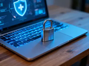 Świecąca tarcza z kodem binarnym symbolizująca ochronę strony internetowej przed złośliwym oprogramowaniem.