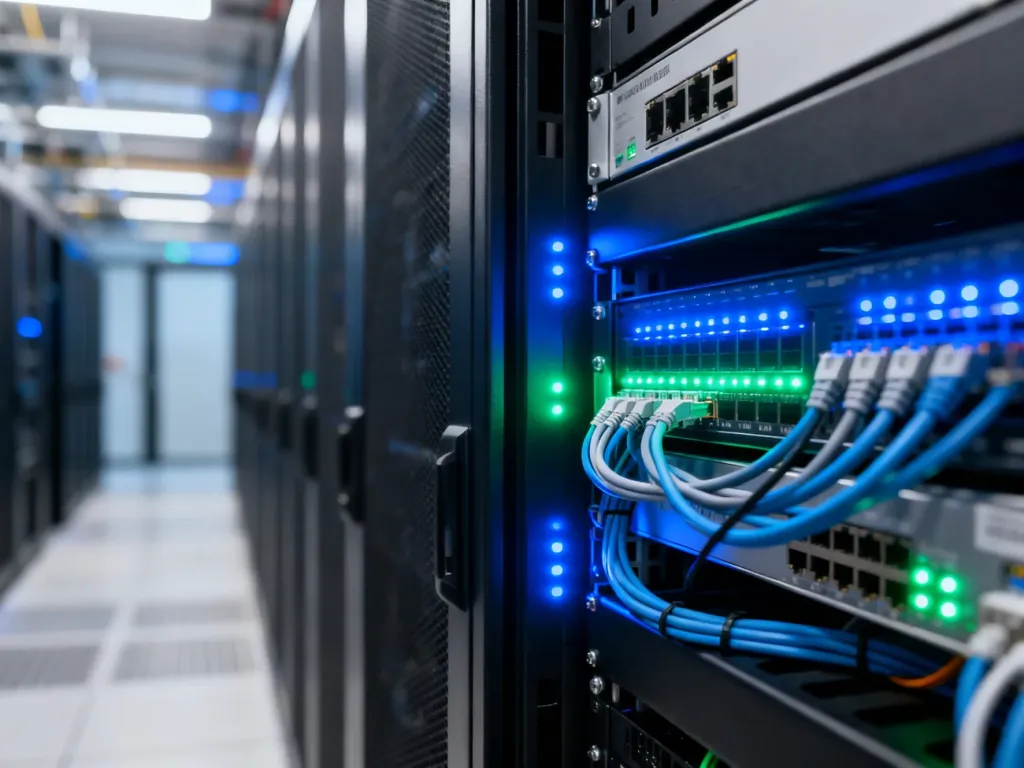 Nowoczesna serwerownia z migającymi diodami w szafie rack, symbolizująca infrastrukturę techniczną i procesy wdrożeniowe.