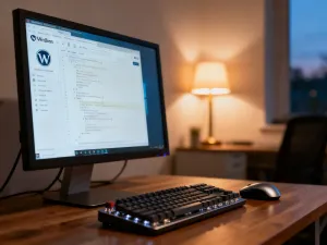 Nowoczesna szafa serwerowa z podświetlanymi komponentami w centrum danych, symbolizująca wydajną infrastrukturę dla WordPressa.