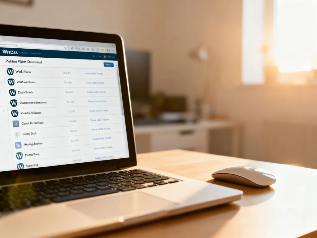 Ekran laptopa z otwartym repozytorium wtyczek WordPress na minimalistycznym biurku w słonecznym domowym biurze.