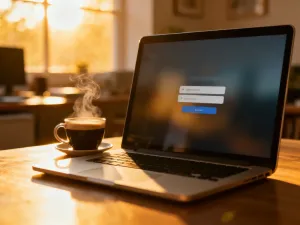 Półprzezroczyste okno subskrypcji unoszące się nad klawiaturą laptopa, symbolizujące nowoczesny mechanizm exit intent.