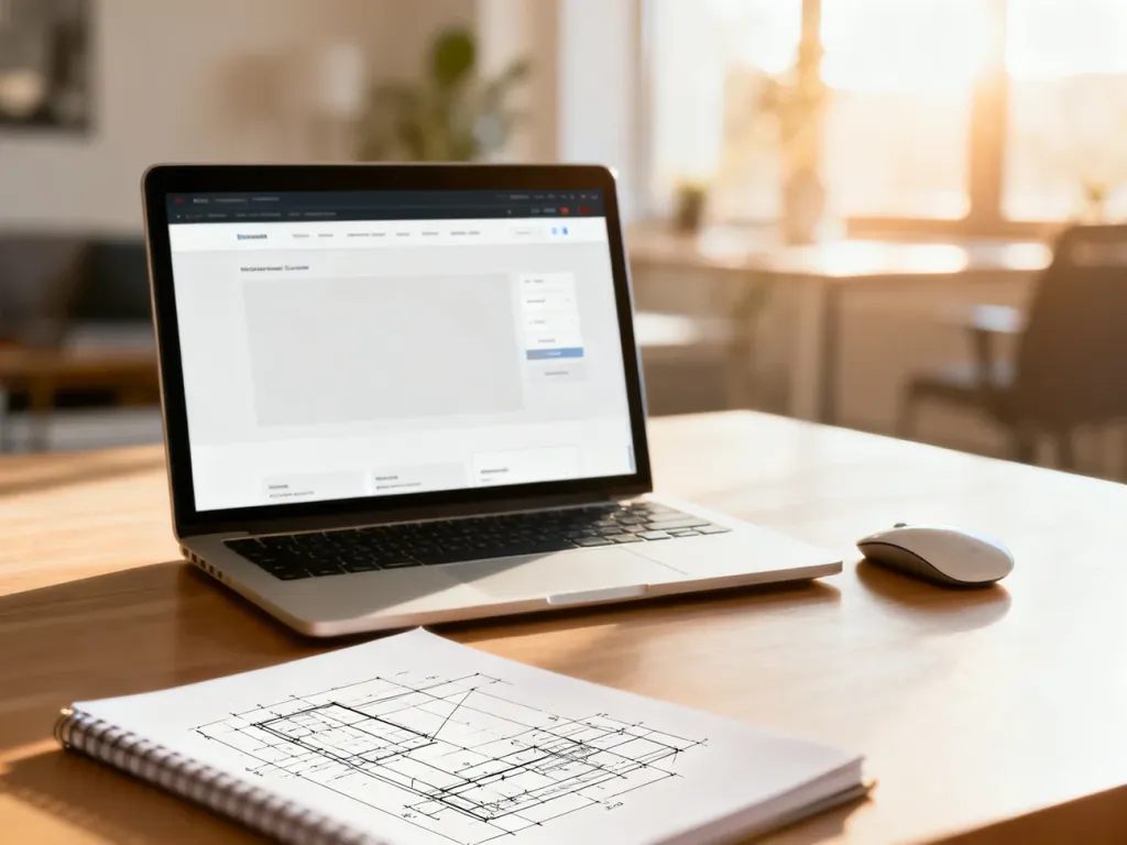 Nowoczesne stanowisko pracy z laptopem, na którym personalizowany jest minimalistyczny motyw strony internetowej.
