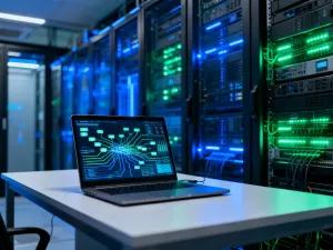 Ekran laptopa z otwartym edytorem kodu i ustawieniami połączenia FTP w przytulnym biurze domowym.