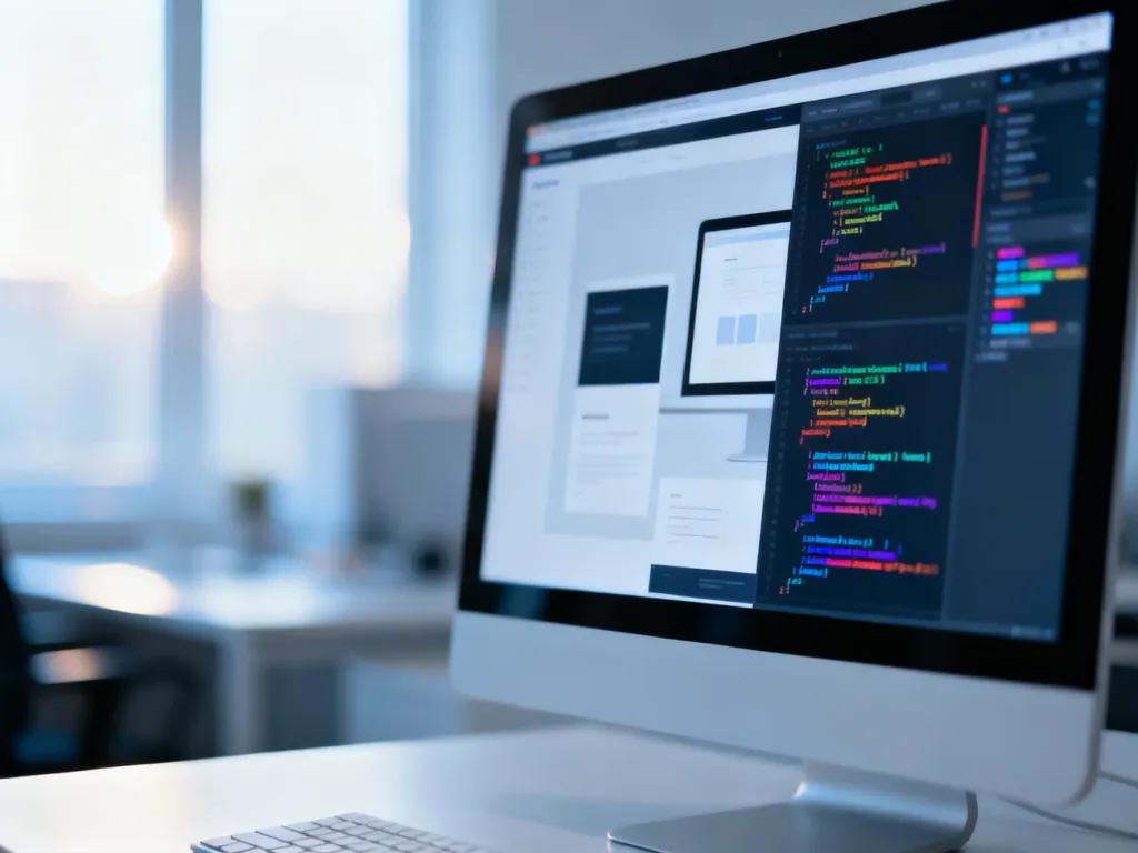 Nowoczesny monitor wyświetlający kod strony internetowej w minimalistycznym biurze.