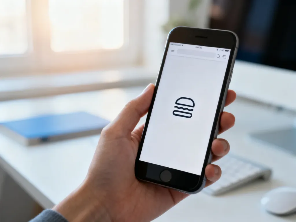 Smartfon z wyświetlonym minimalistycznym menu typu hamburger na stronie internetowej w domowym biurze.