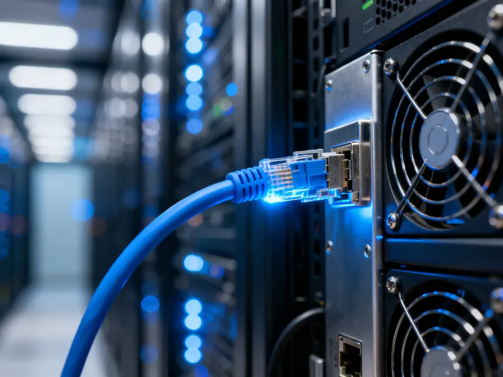 Podświetlony na niebiesko kabel Ethernet wpięty do serwera w nowoczesnym centrum danych, symbolizujący stabilne połączenie sieciowe.