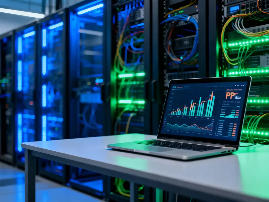 Nowoczesna serwerownia z laptopem wyświetlającym wykresy, symbolizująca infrastrukturę techniczną dla hostingu WordPress.