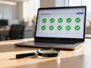 Ikona folderu na minimalistycznym biurku z unoszącymi się fragmentami kodu, symbolizująca instalację WordPressa w podkatalogu.