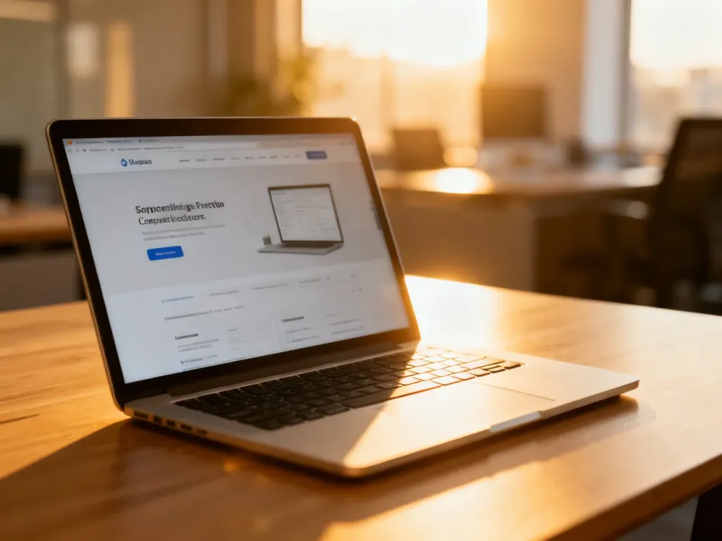 Nowoczesny laptop z otwartą stroną internetową na minimalistycznym biurku w słonecznym biurze.