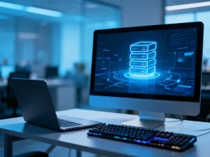 Nowoczesny laptop na biurku z wizualizacją przesyłania danych, symbolizujący proces migracji strony WordPress.