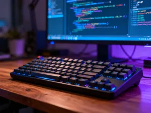 Nowoczesne stanowisko pracy z laptopem i kawą, sprzyjające konfiguracji środowiska programistycznego.