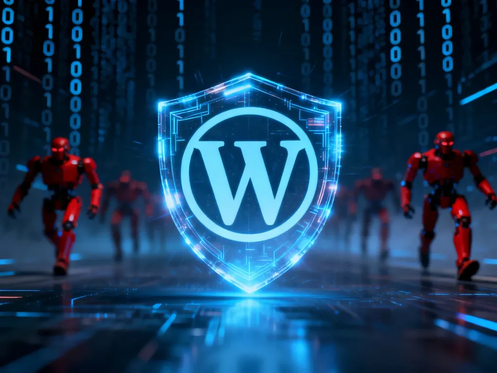 Cyfrowa tarcza chroniąca logo WordPressa przed zagrożeniami ze strony botów w nowoczesnej, technicznej stylistyce.