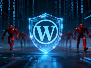 Nowoczesna serwerownia z rzędami świecących diod LED, symbolizująca infrastrukturę techniczną dla witryn WordPress.