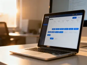 Dwa monitory na biurku: jeden z diagramem złożonej sieci, drugi z panelem pojedynczej strony WordPress.